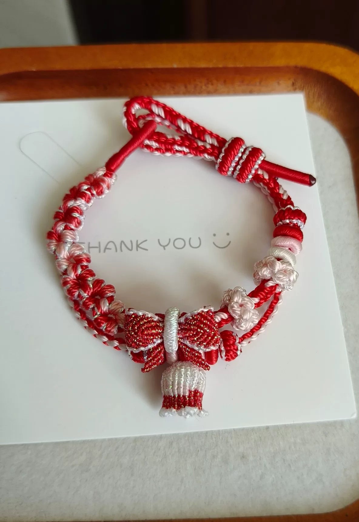 Handmade Braided Cord Bracelet Red White Bow