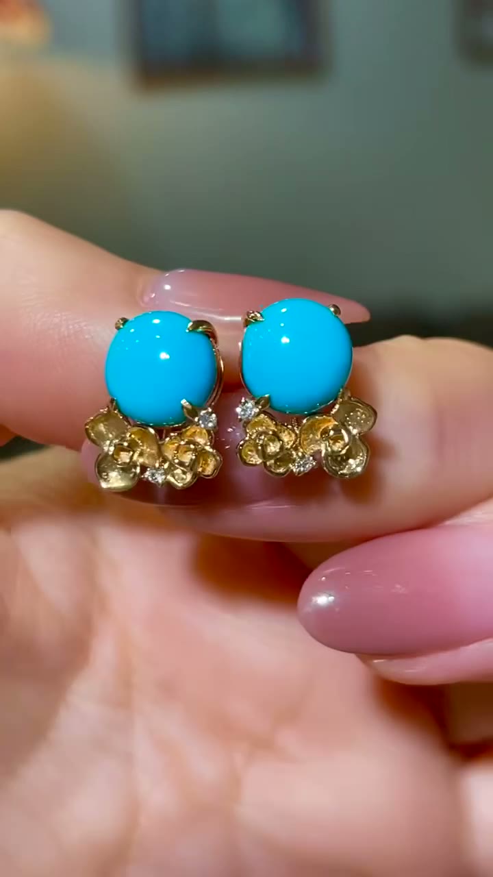 18K Gold Sleeping Beauty Turquoise Stud Earrings
