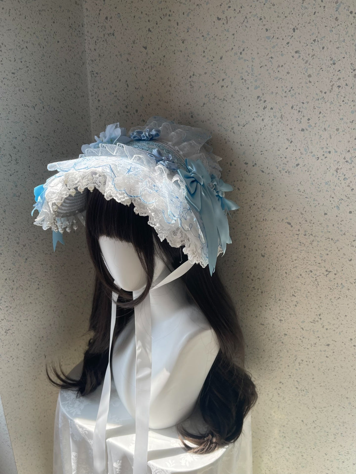 Lolita Blue Flat Bonnet with Lace