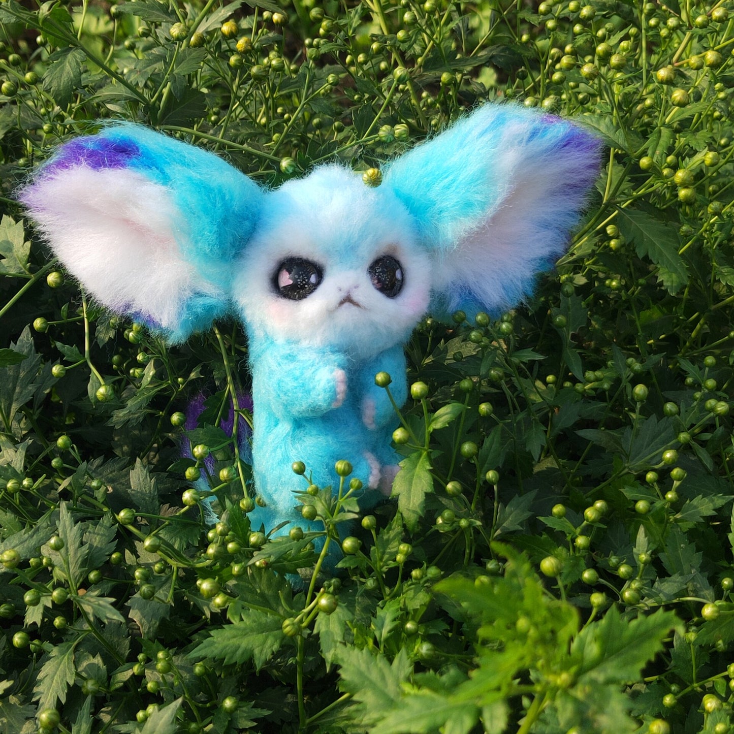 Blue Wool Felt Fennec Fox Spirit Figure with Articulated Wire Frame