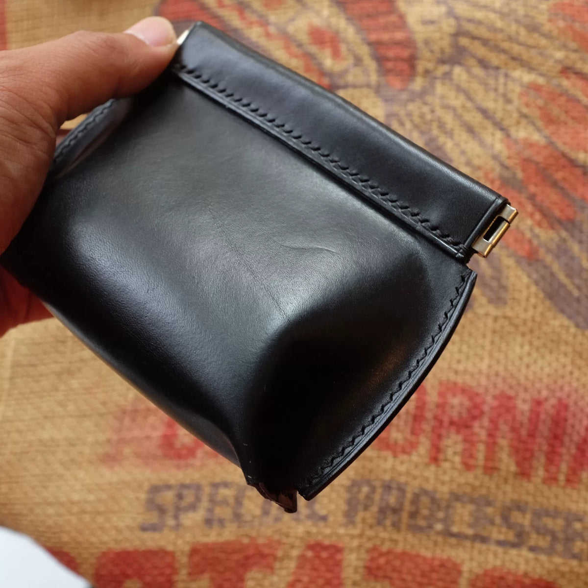 Black Leather Kiss Lock Coin Pouch