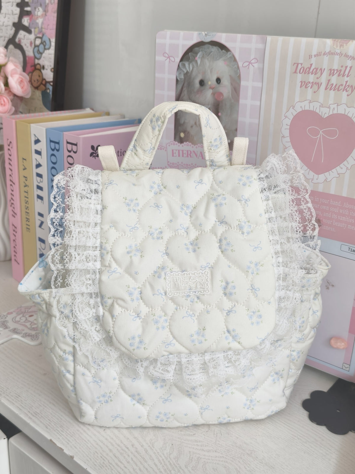 Cream Floral Quilted Backpack