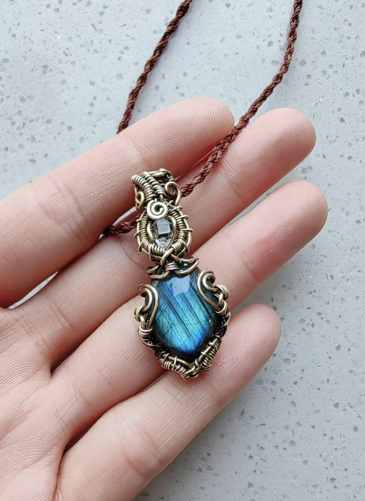 Labradorite Wire Wrapped Pendant with Quartz