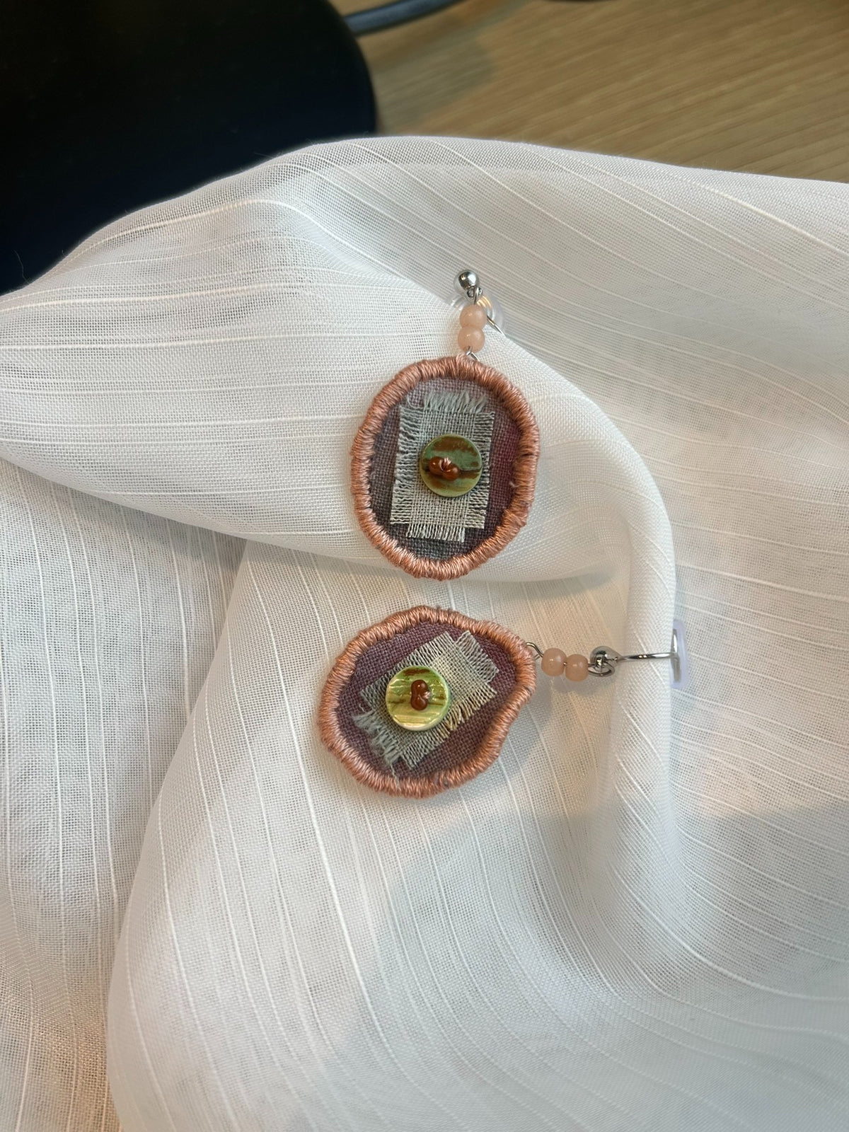 Handmade Fabric Earrings with Copper Stitching