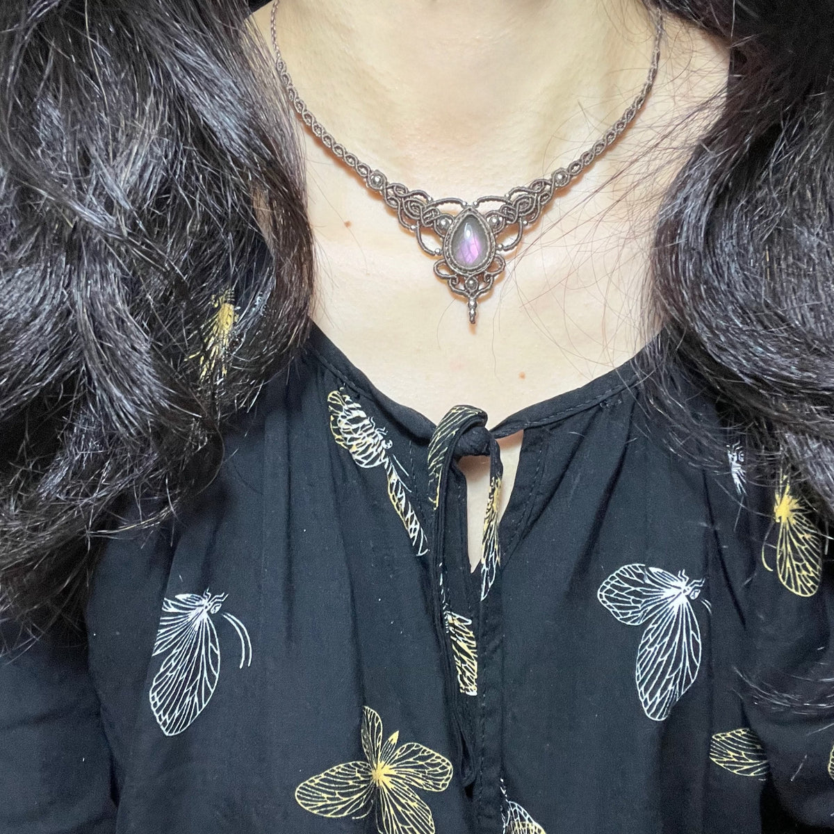Macrame Waxed Cord Necklace with Labradorite