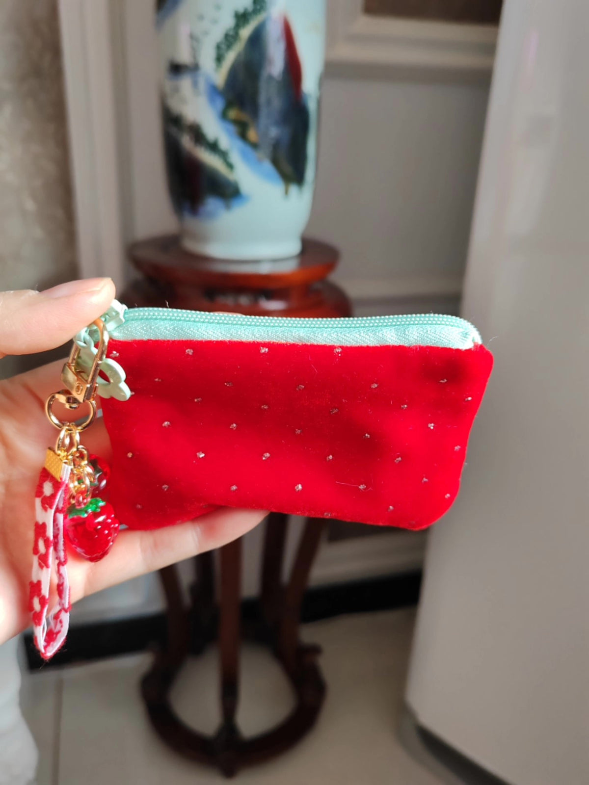 Rood fluwelen aardbei-etui met rits