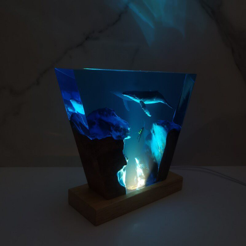 Resin Whale Diver Wooden Lamp