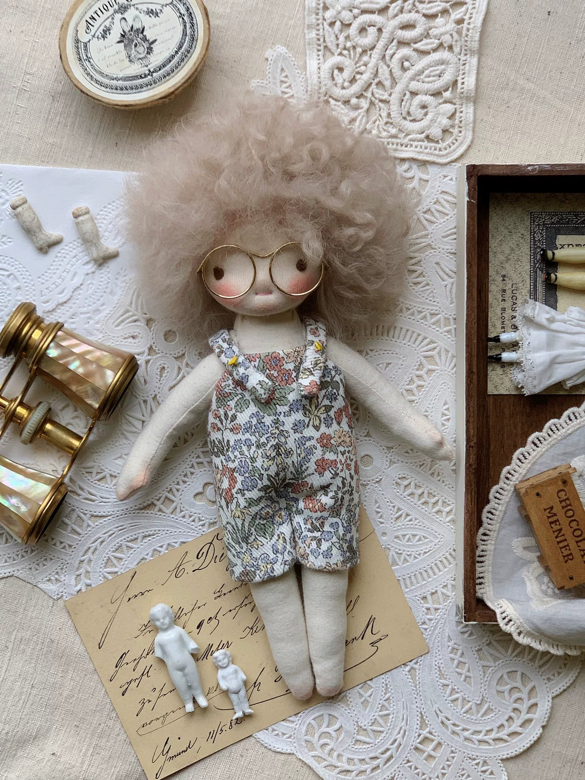 Handmade Waldorf Cloth Doll Curly Pink Hair