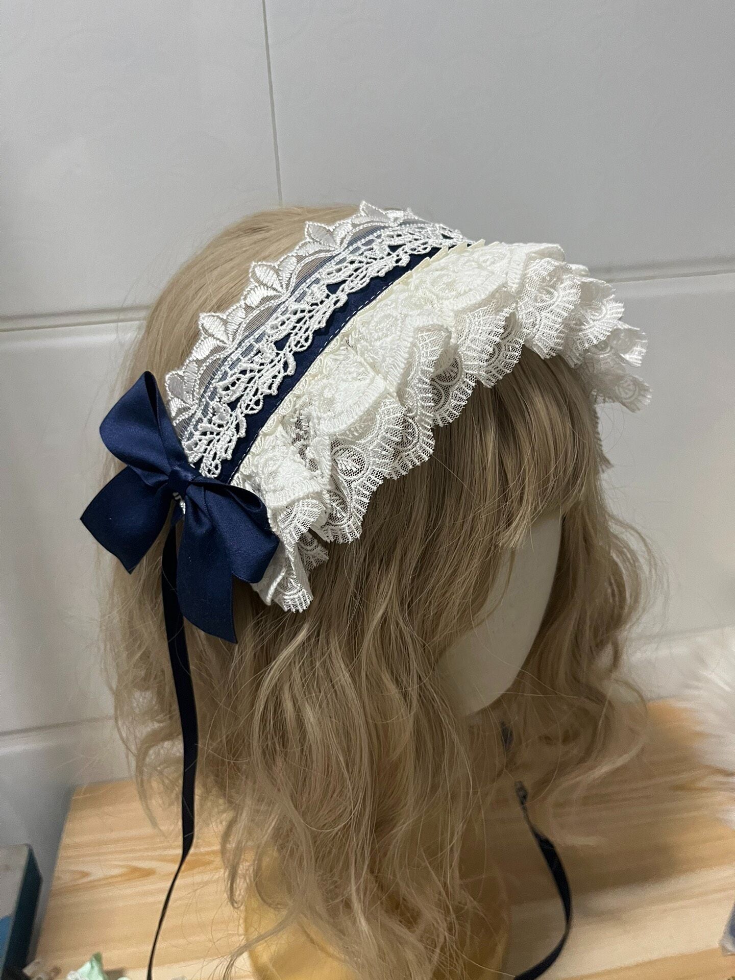 Lolita Navy Blue Bow White Lace Headband