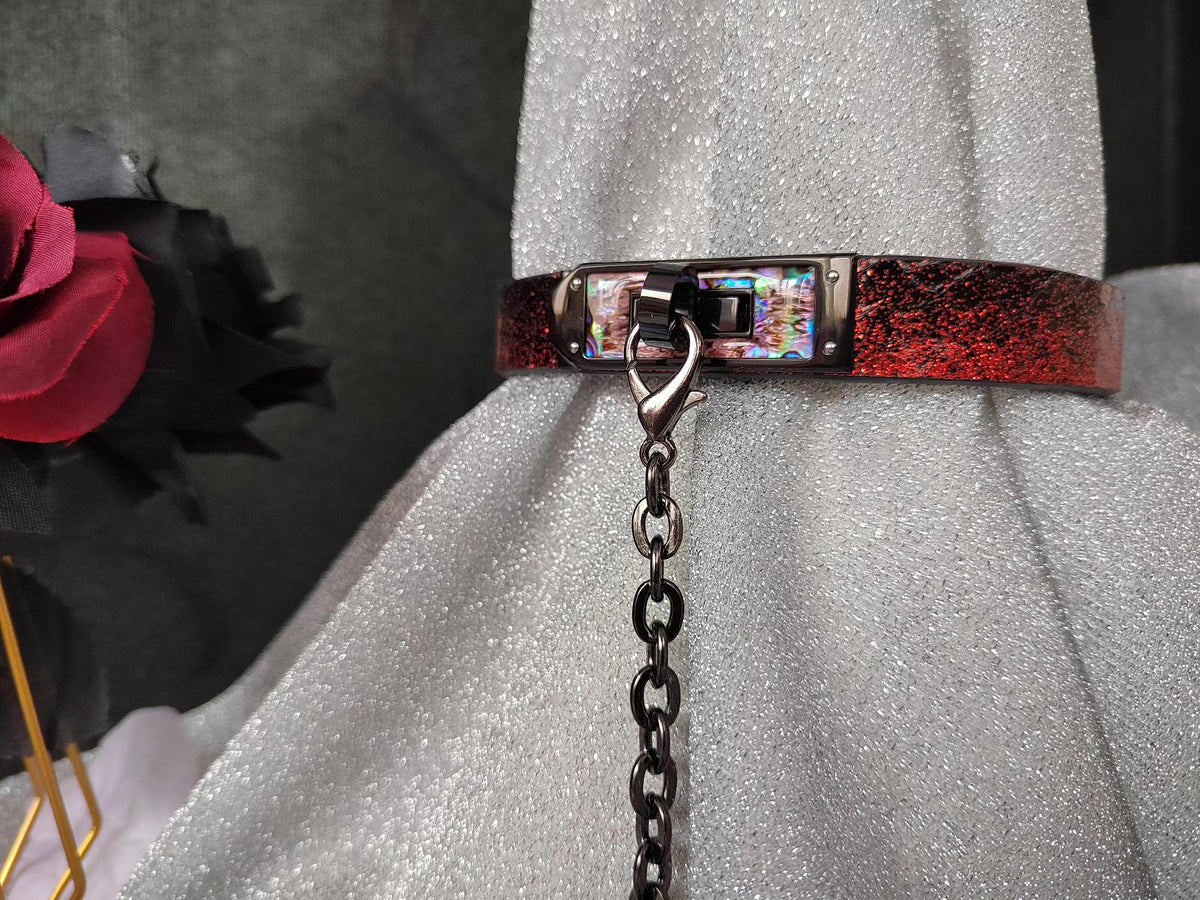 Schwarz-rotes Glitzer-Tierhalsband und Kettenleinen-Set