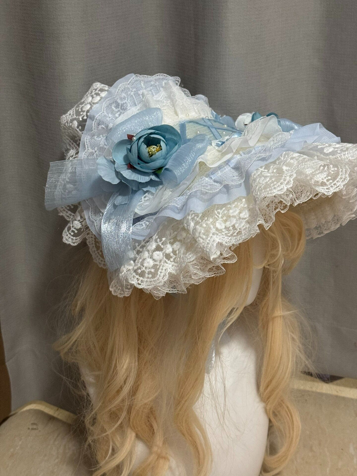 Blue Lolita Bonnet Straw Hat with Lace