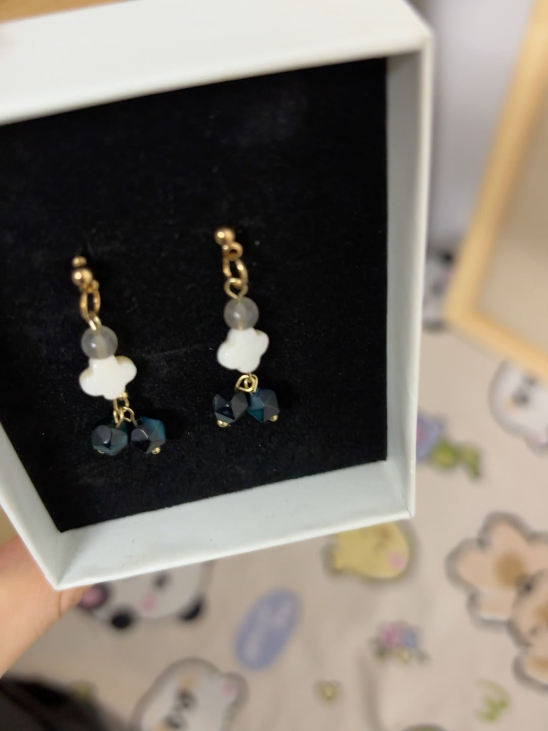 Handmade Dangle Earrings Blue White Bead Clover