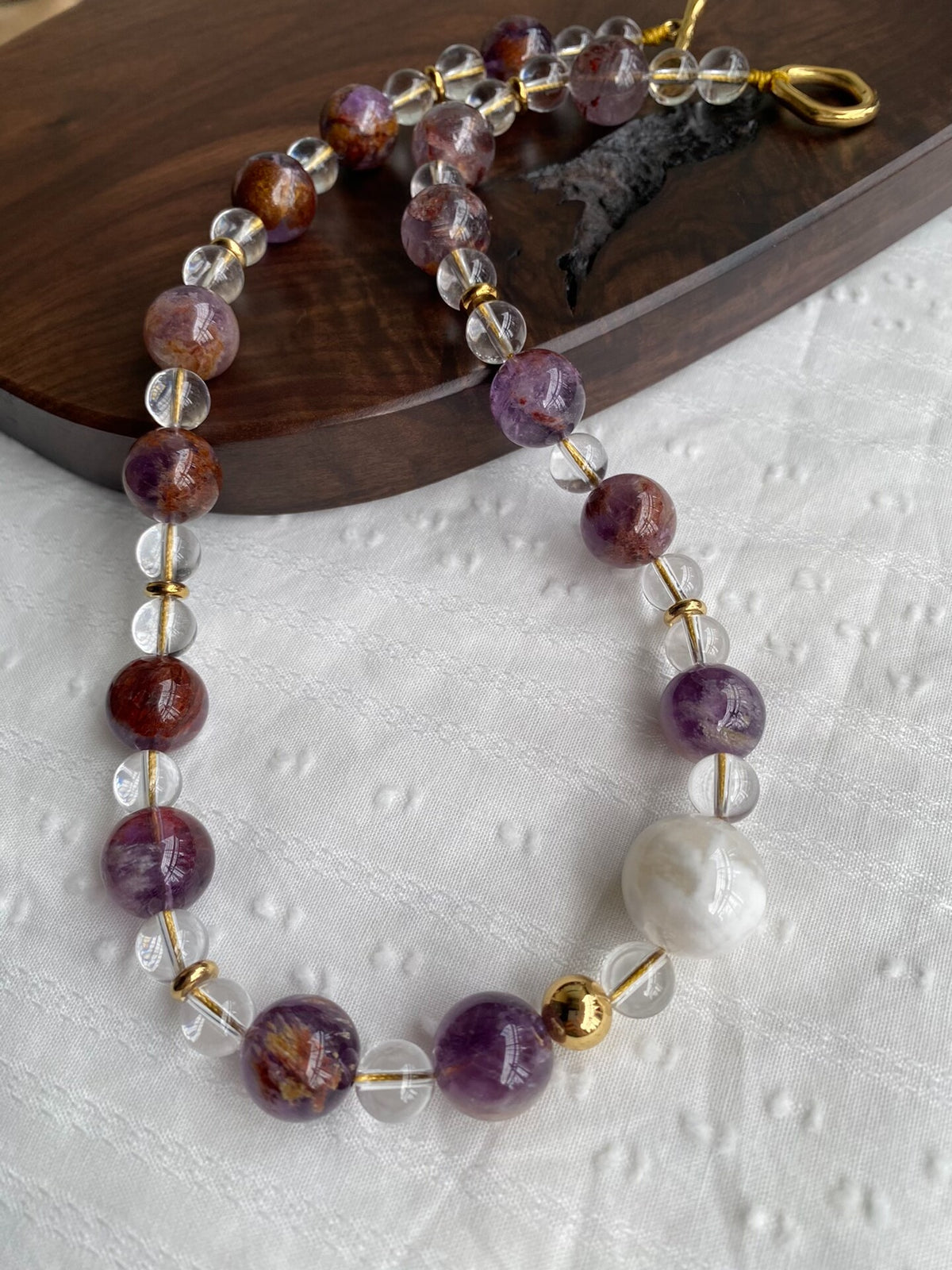 Purple White Phantom Quartz Crystal Beaded Necklace