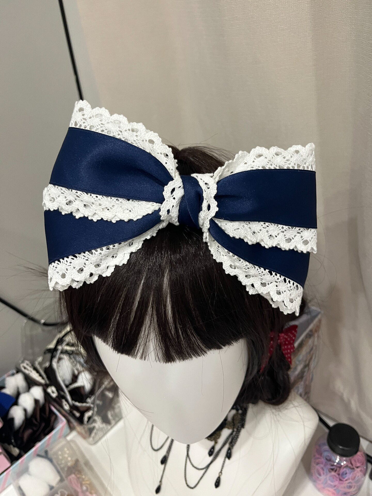 Navy Blue Lace Trim Satin Lolita Bow