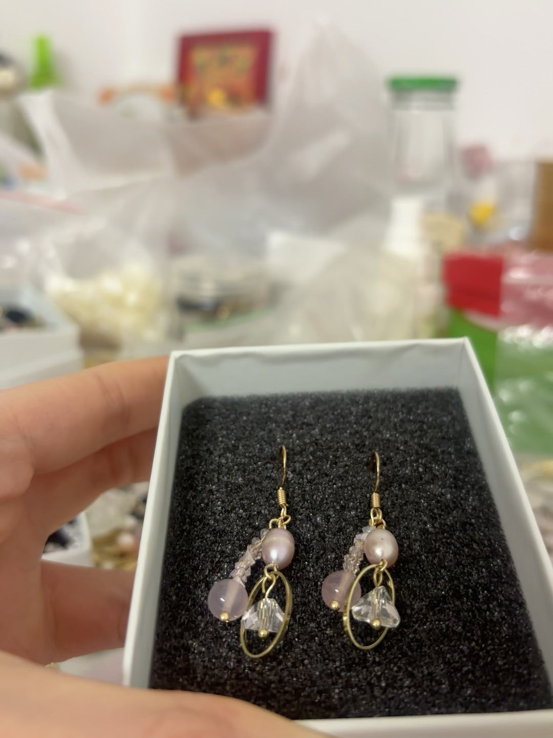ピンクパール クリスタル ゴールド 揺れるピアス