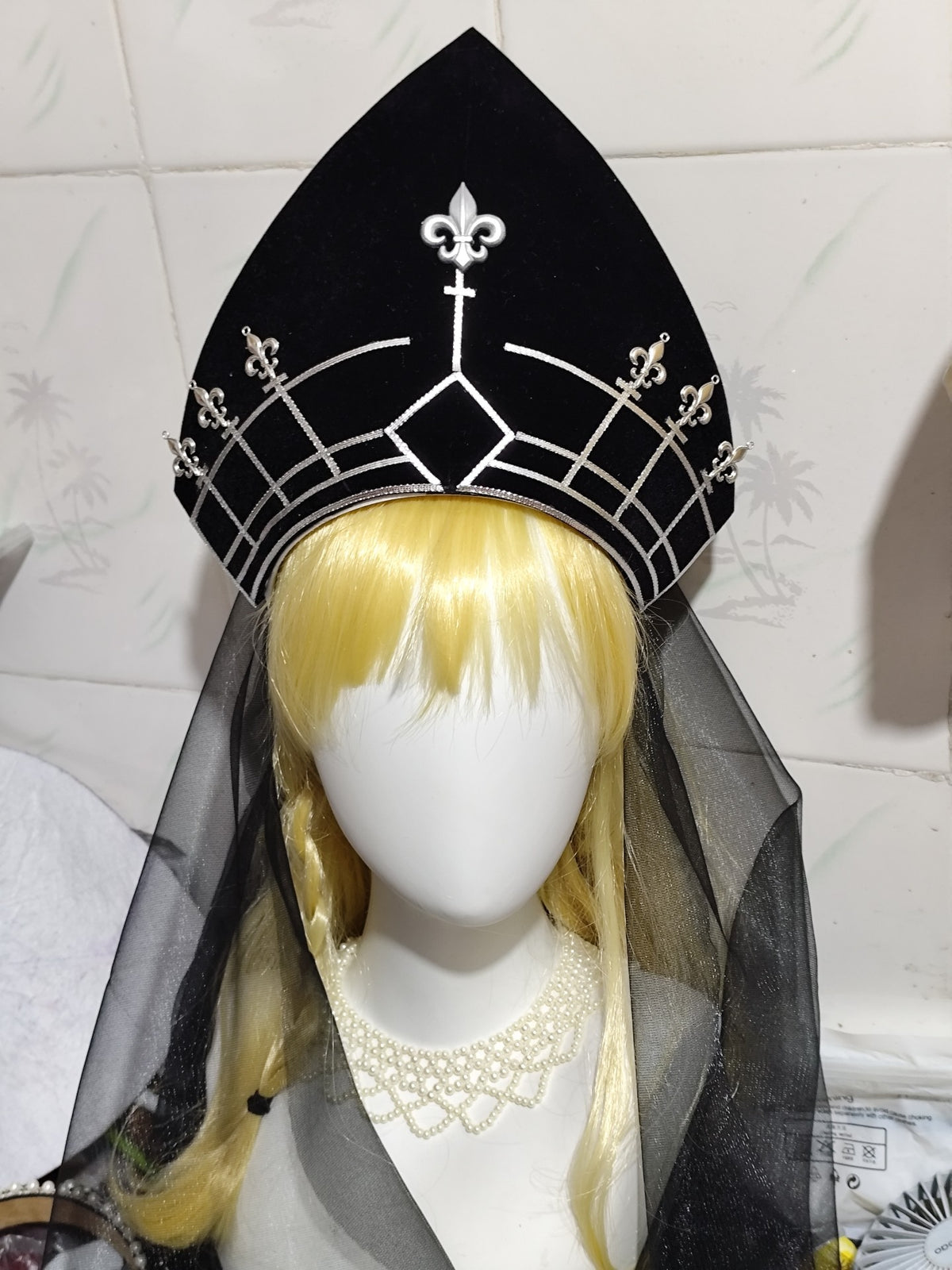 Black Cosplay Headdress with Veil 19cm