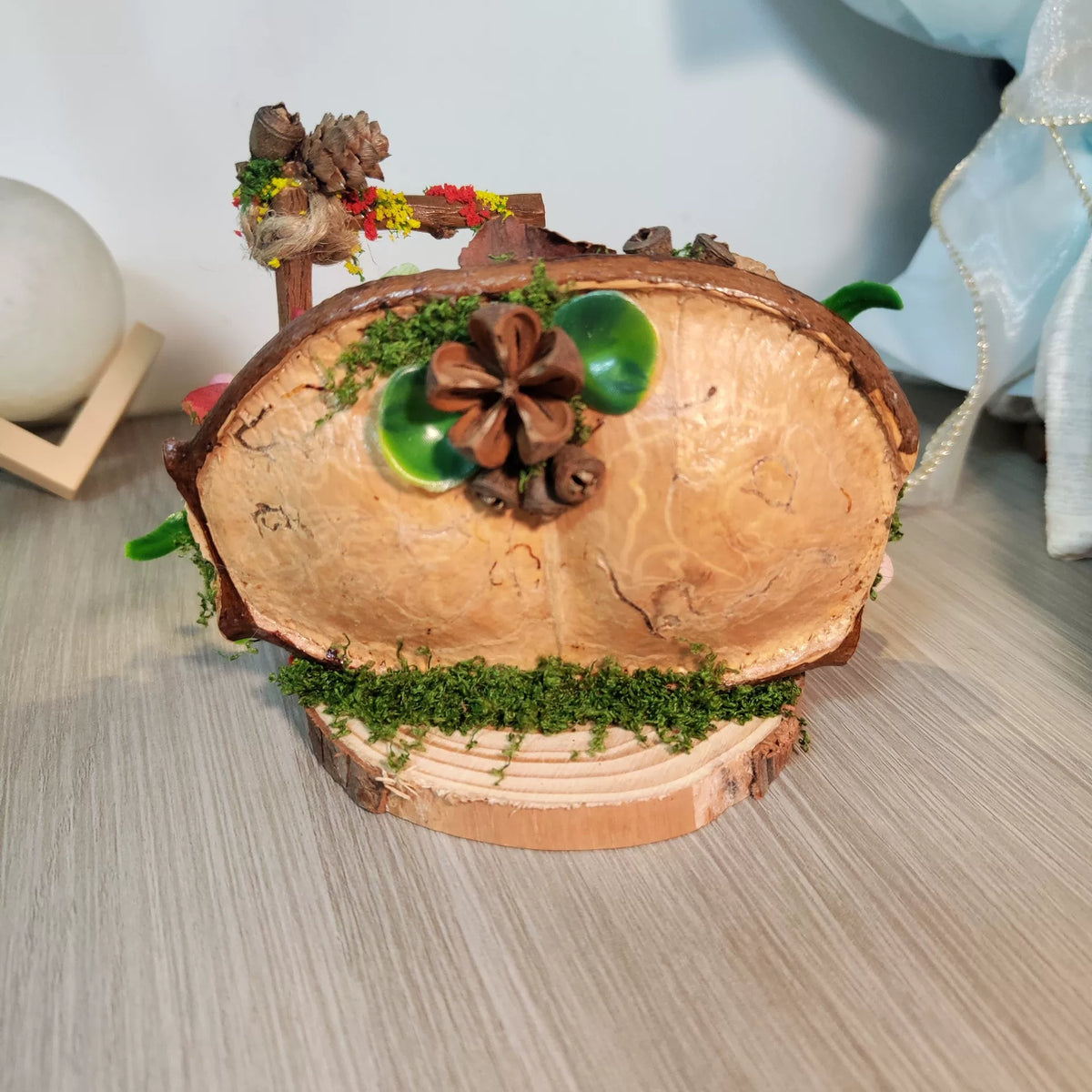 Beleuchtetes Märchengarten-Ornament aus einer Samenkapsel