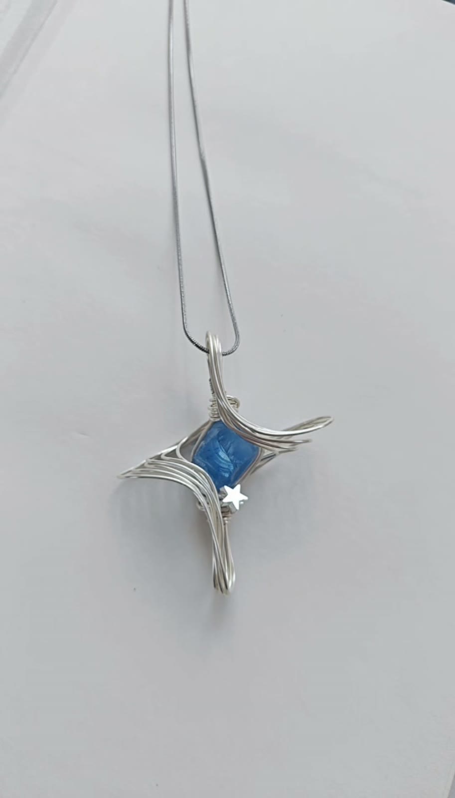 Handcrafted Wire Wrapped Necklace Blue Cat Eye Star