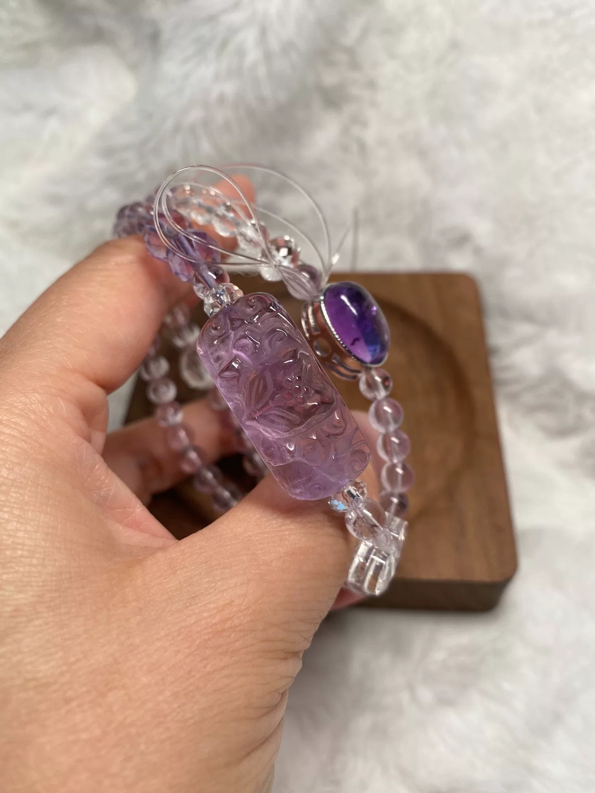 Bracciale a doppio avvolgimento in ametista e cristallo con ciondolo volpe