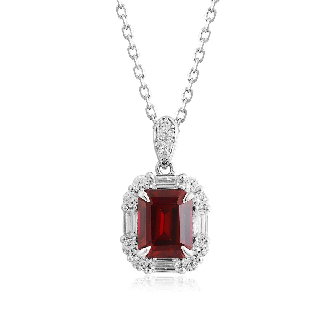 S925 Silver Emerald-Cut Lab-Grown Ruby Pendant Necklace