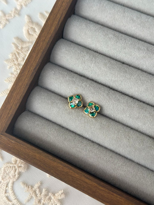 Auspicious Flower Luodian Ear Studs with Green Stones and Diamond