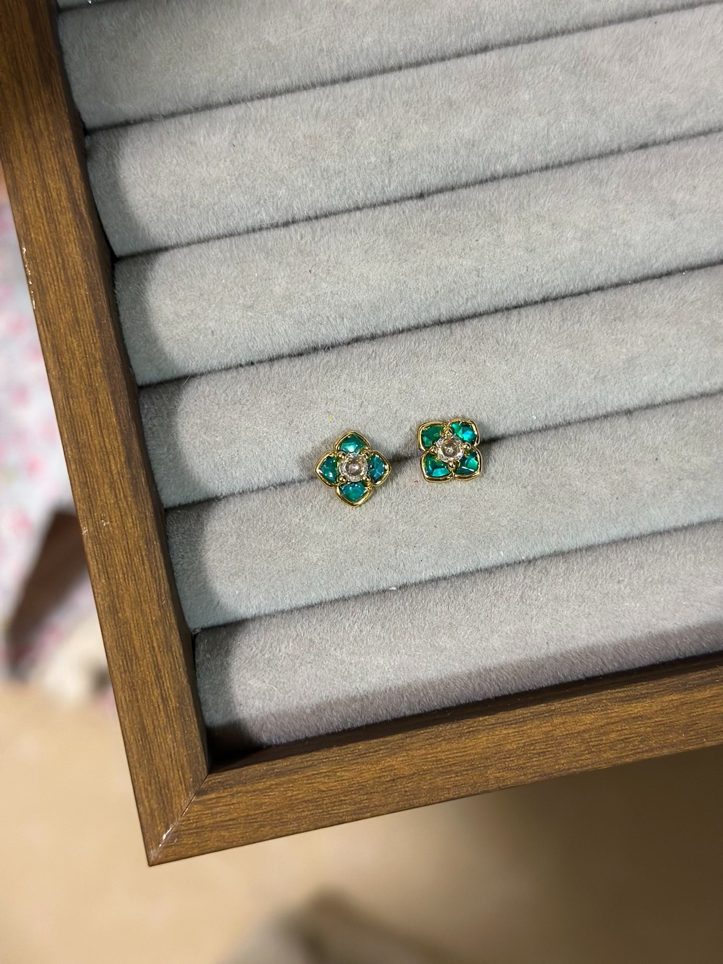 Auspicious Flower Luodian Ear Studs with Green Stones and Diamond