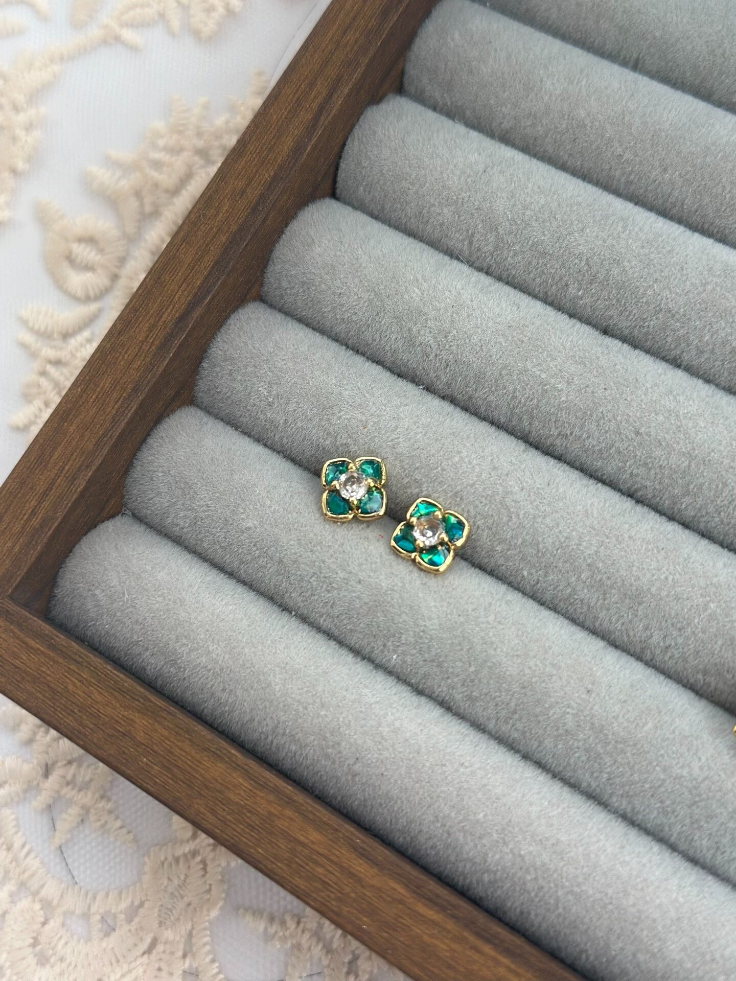 Auspicious Flower Luodian Ear Studs with Green Stones and Diamond