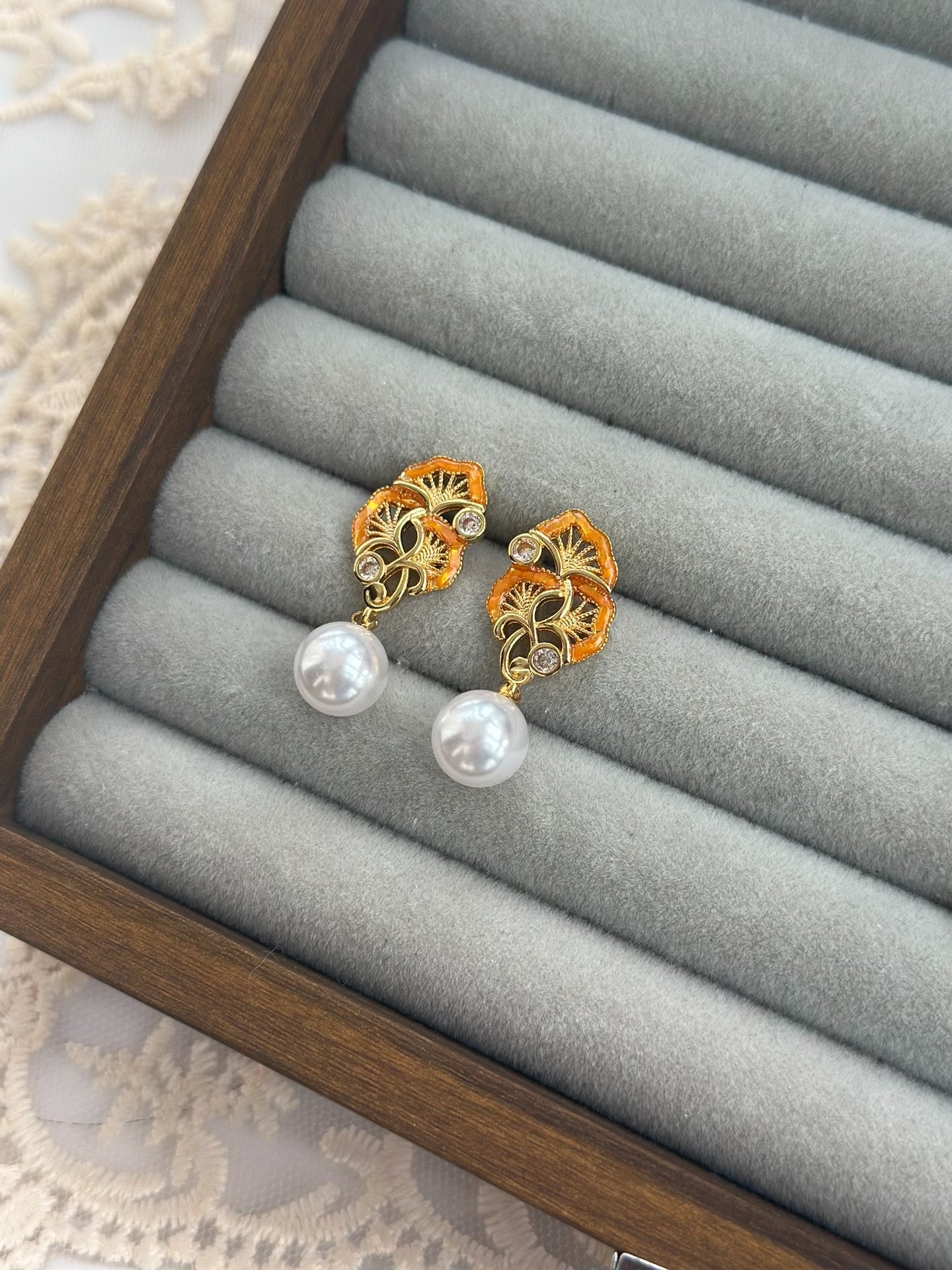 Ginkgo Biloba Inlay Earrings: Gold-Plated Copper, 925 Silver, Faux Pearls