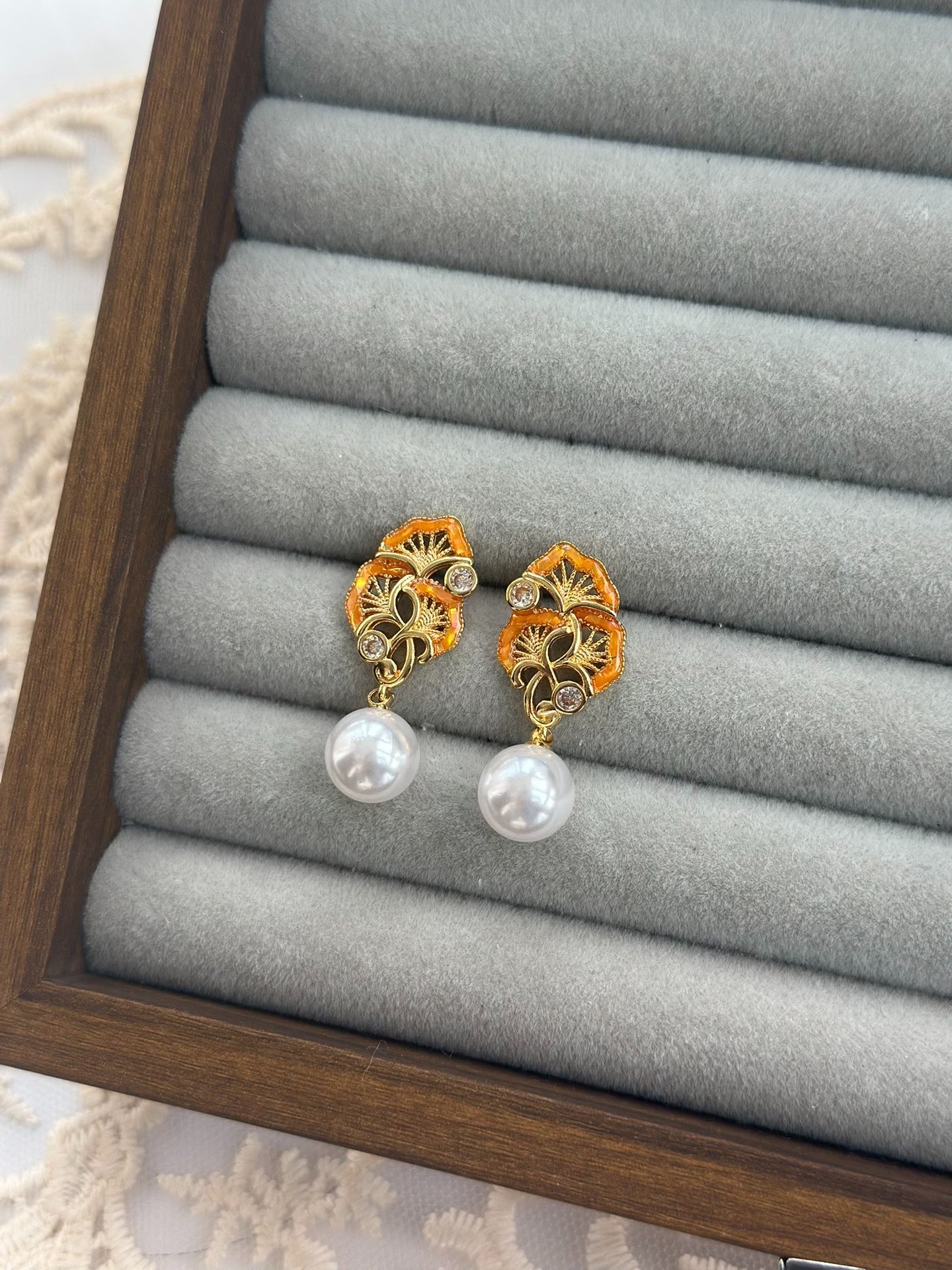 Ginkgo Biloba Inlay Earrings: Gold-Plated Copper, 925 Silver, Faux Pearls