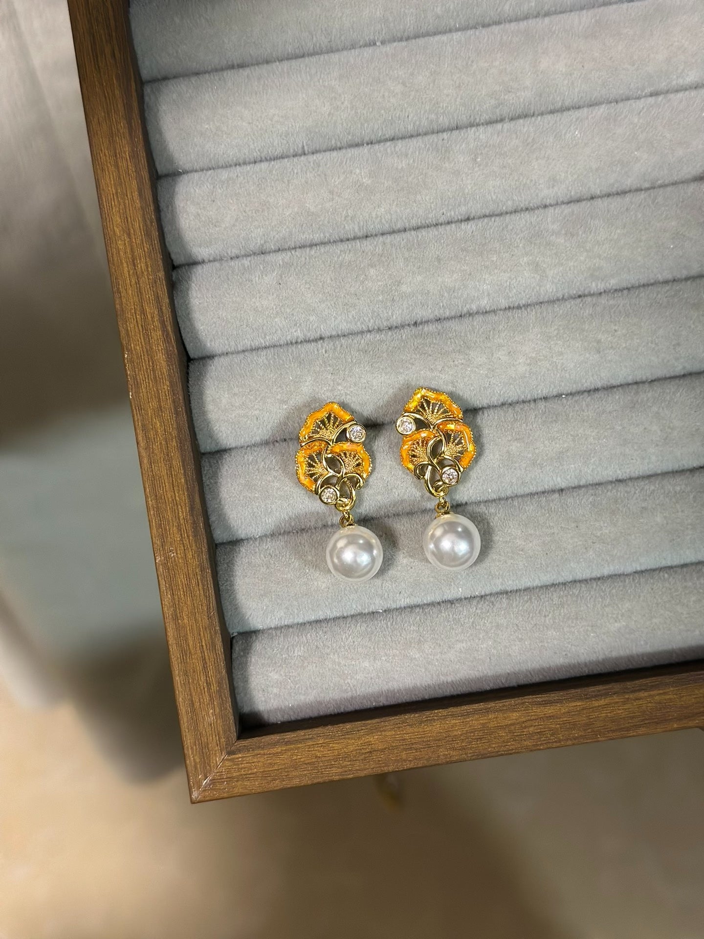 Ginkgo Biloba Inlay Earrings: Gold-Plated Copper, 925 Silver, Faux Pearls