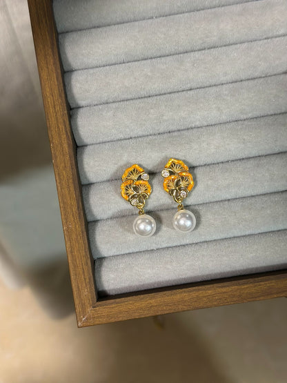 Ginkgo Biloba Inlay Earrings: Gold-Plated Copper, 925 Silver, Faux Pearls