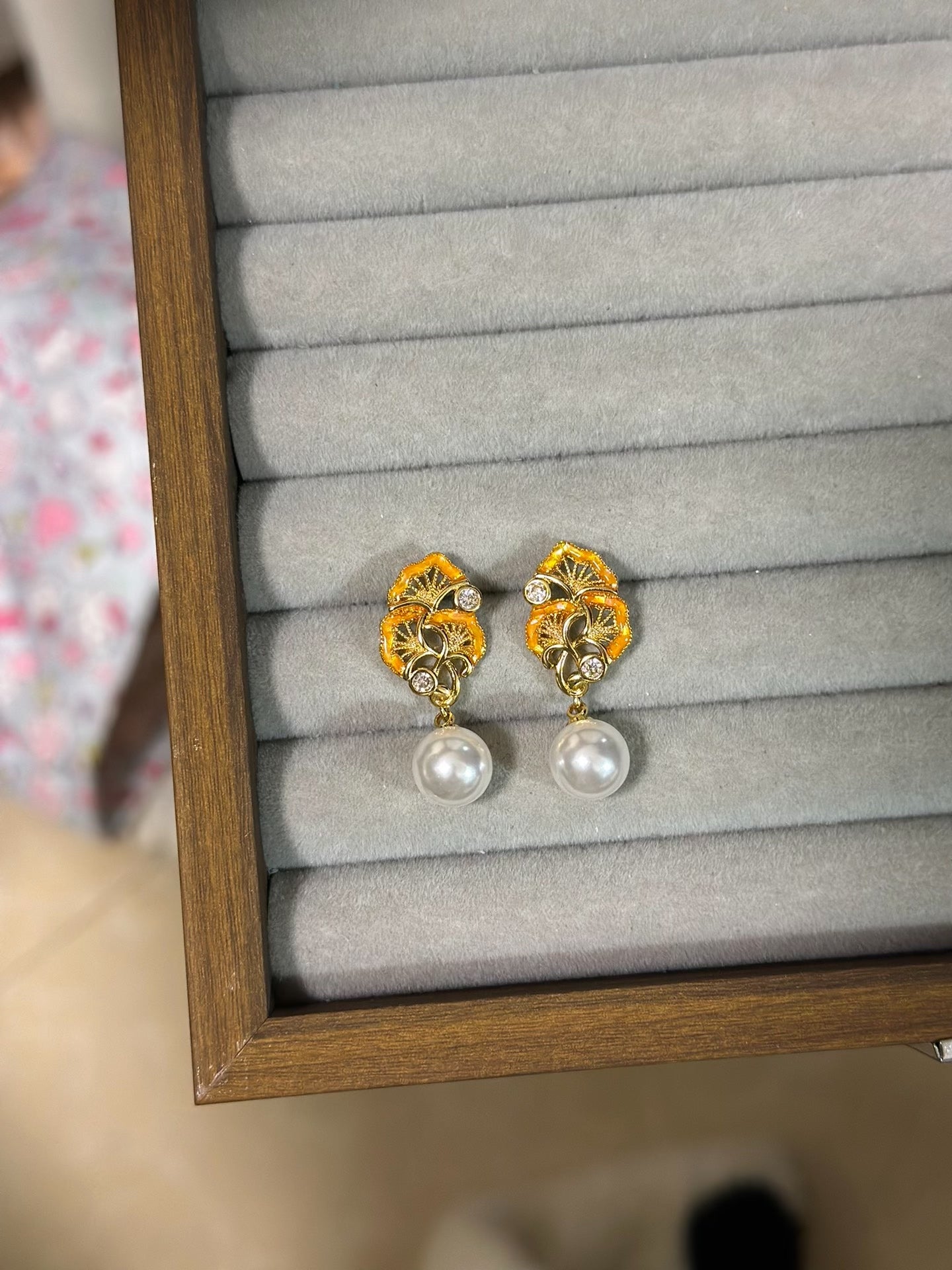Ginkgo Biloba Inlay Earrings: Gold-Plated Copper, 925 Silver, Faux Pearls