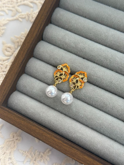 Ginkgo Biloba Inlay Earrings: Gold-Plated Copper, 925 Silver, Faux Pearls
