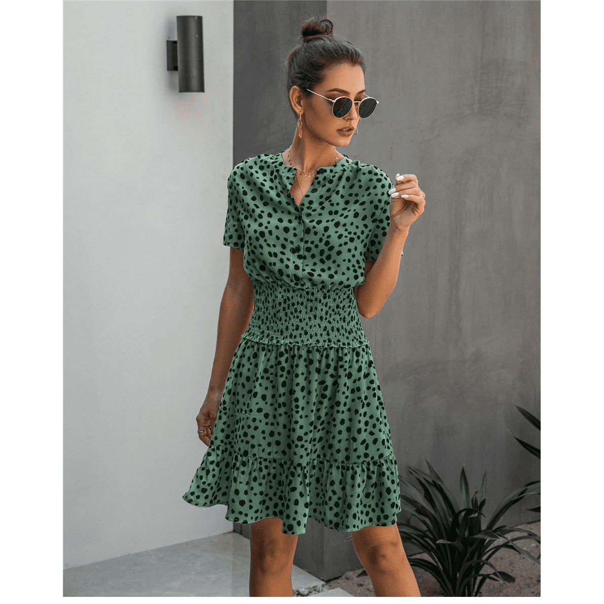 Robe verte estivale bohème à pois