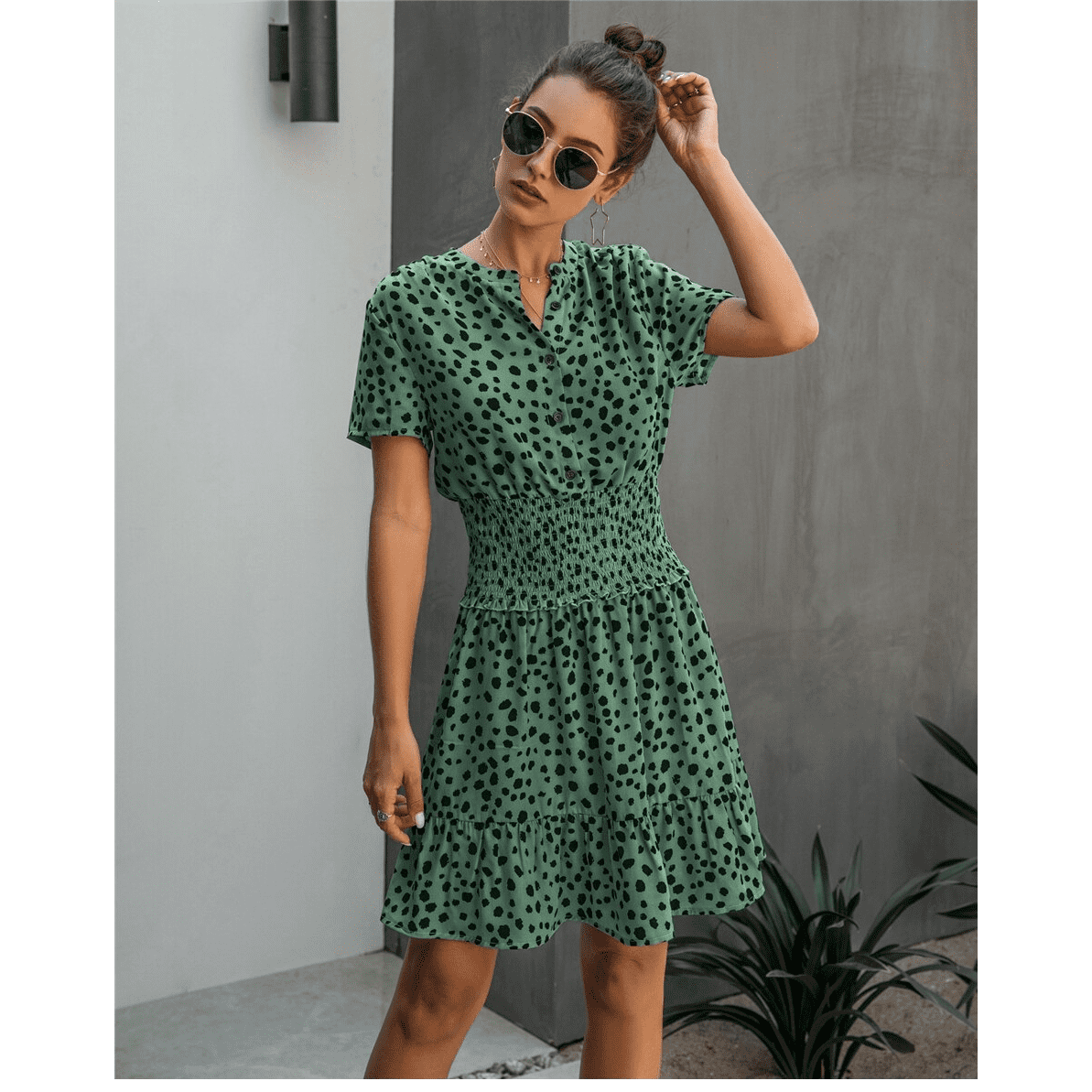 Robe verte estivale bohème à pois