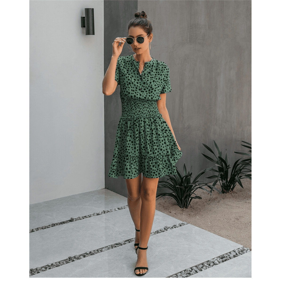 Robe verte estivale bohème à pois