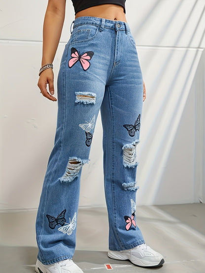 pantalon en denim déchiré à imprimé papillons 🦋