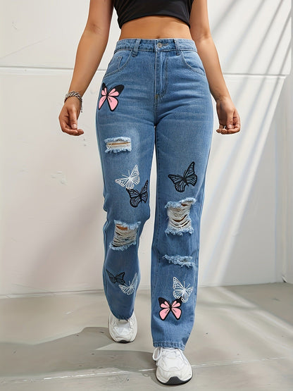 pantalon en denim déchiré à imprimé papillons 🦋