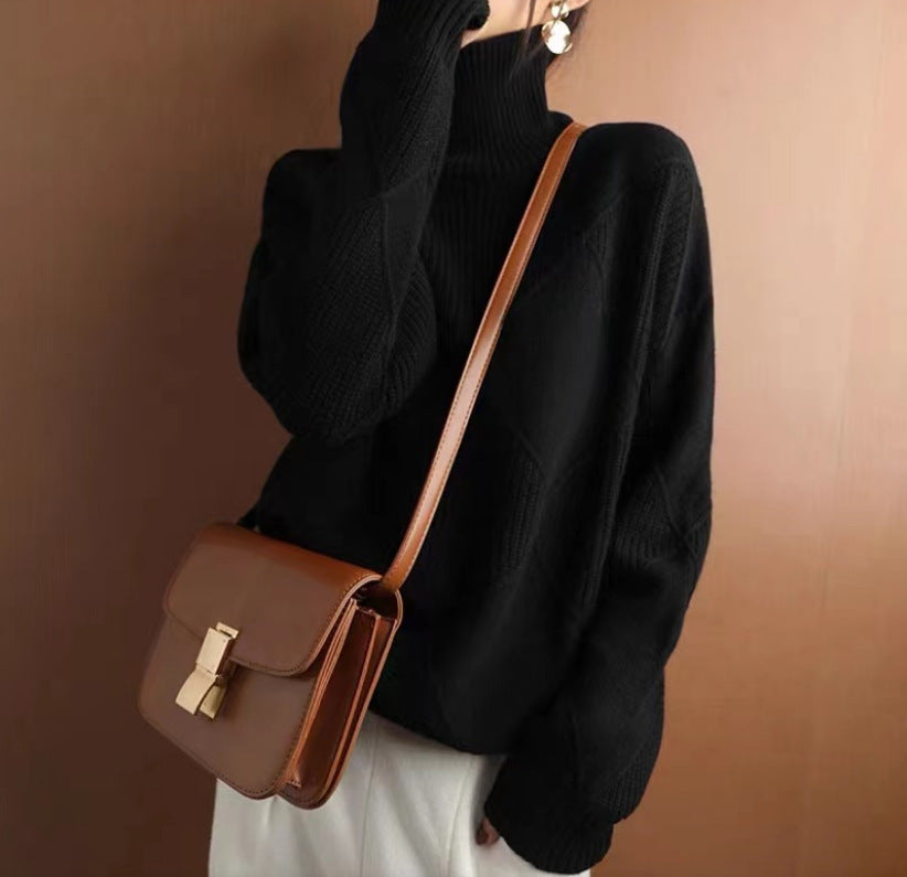 Pull Col Roulé à Motif Losange Texturé