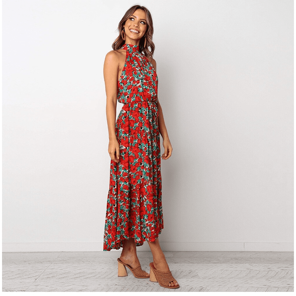 Robe longue bohème rouge vert