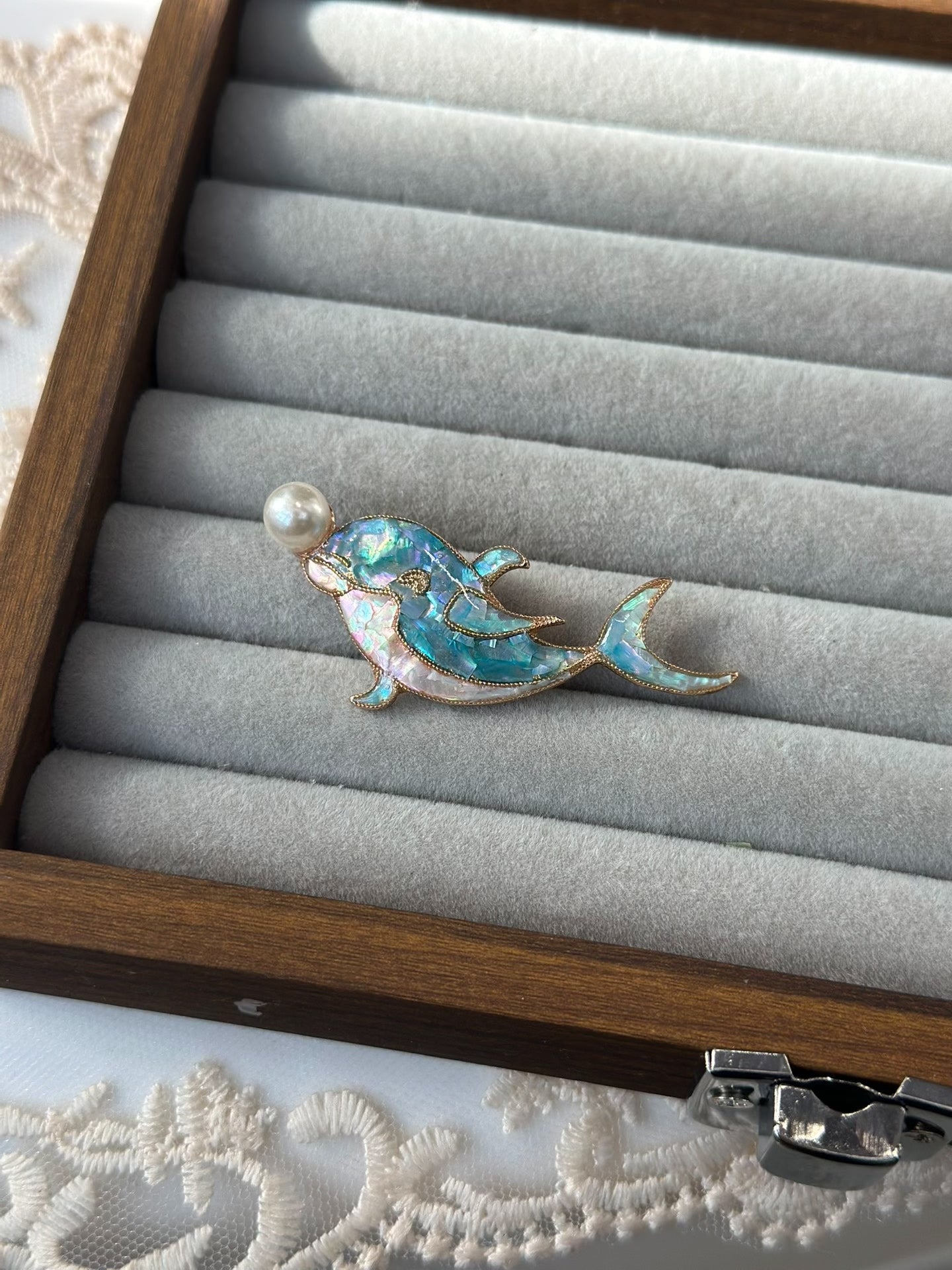 Dolphin Shell Inlay Brooch with Freshwater Pearl