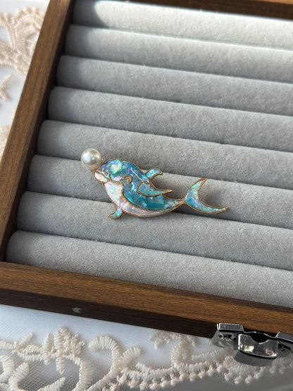 Dolphin Shell Inlay Brooch with Freshwater Pearl