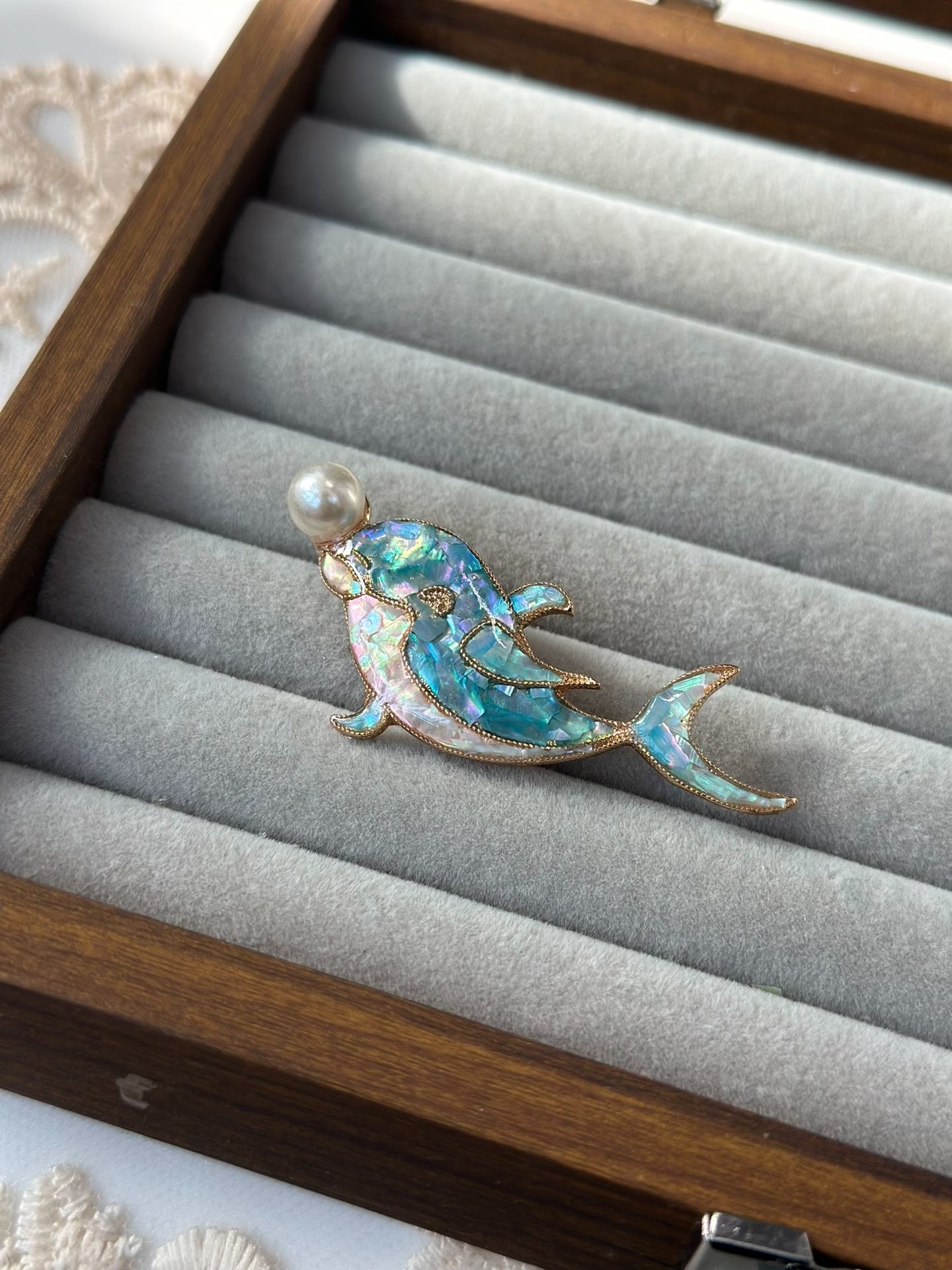 Dolphin Shell Inlay Brooch with Freshwater Pearl