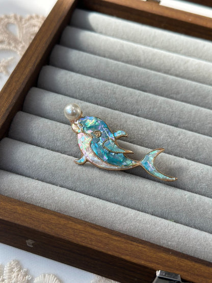 Dolphin Shell Inlay Brooch with Freshwater Pearl