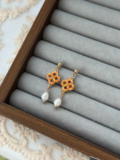 Copper Coin Pearl Drop Earrings with Orange Gemstones - 925 Sterling Silver