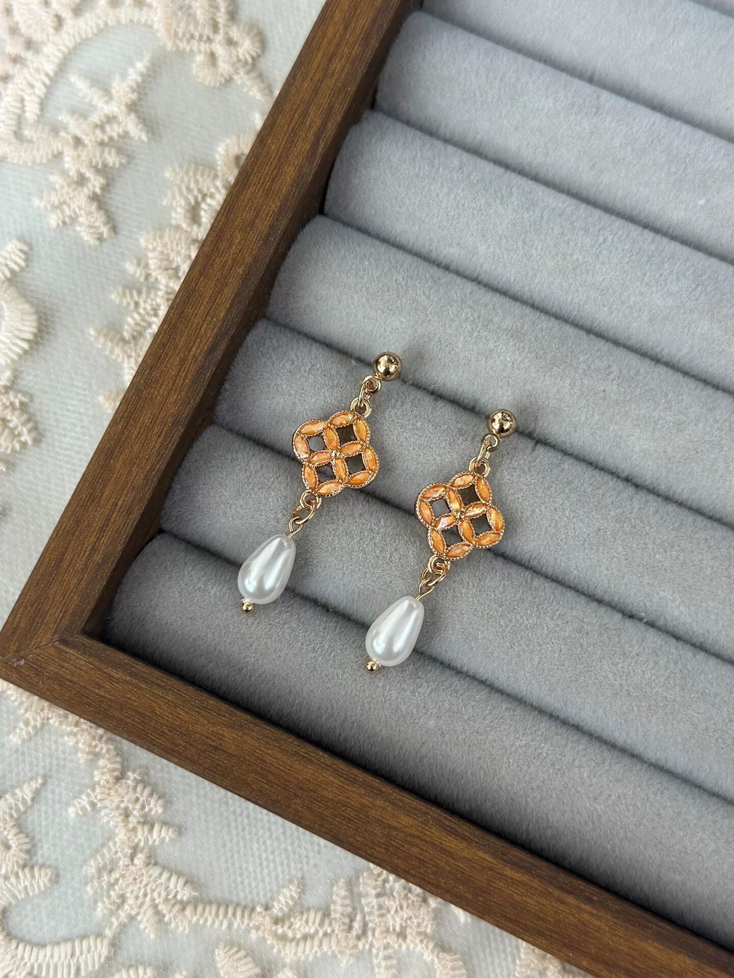 Copper Coin Pearl Drop Earrings with Orange Gemstones - 925 Sterling Silver