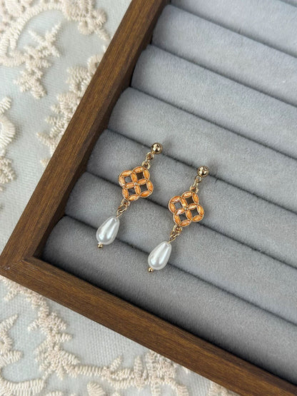 Copper Coin Pearl Drop Earrings with Orange Gemstones - 925 Sterling Silver