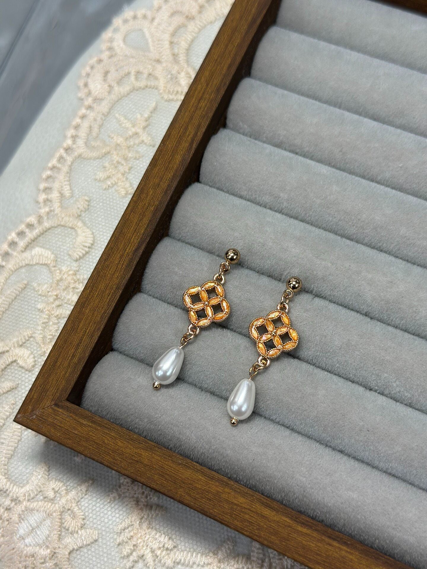 Copper Coin Pearl Drop Earrings with Orange Gemstones - 925 Sterling Silver