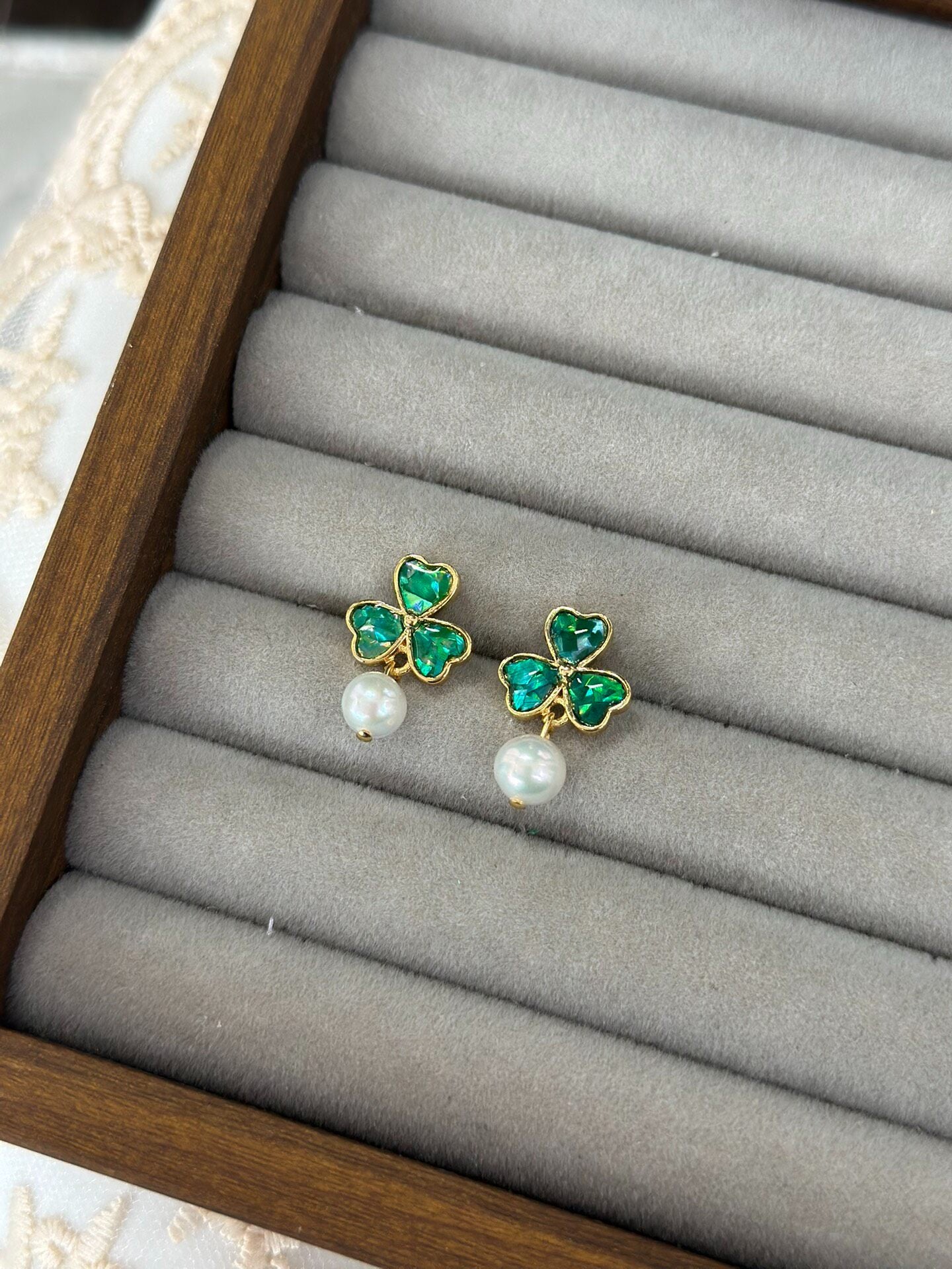 925 Silver Three-Leaf Clover Pearl Earrings, Intangible Cultural Heritage Inlay Craft