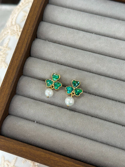 925 Silver Three-Leaf Clover Pearl Earrings, Intangible Cultural Heritage Inlay Craft